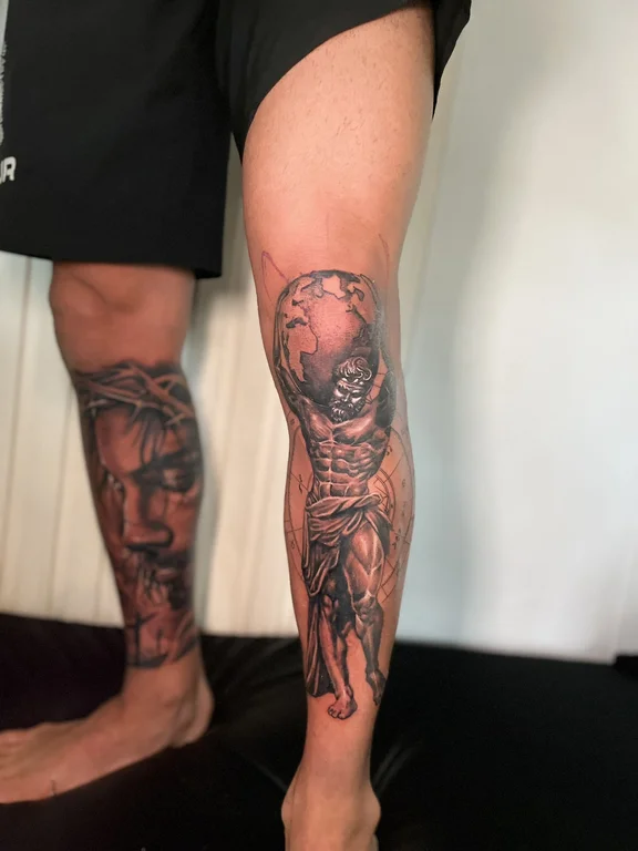 mythology realism man black grey horror heavy shading deity linework tattoo Canggu Bali