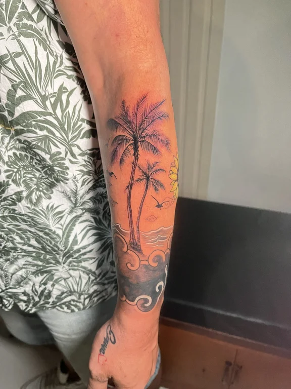 nature realism hand soft shading wave colorful linework sun tattoo Canggu Bali