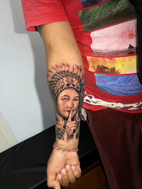 portrait realism deity colorful spiritual woman buddha heavy shading tattoo Canggu Bali