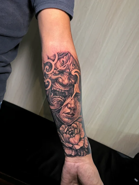 portrait realism face black grey horror mask heavy shading skull tattoo Canggu Bali