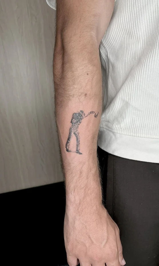man hand cowboy realism portrait blackwork shading tattoo canggu bali
