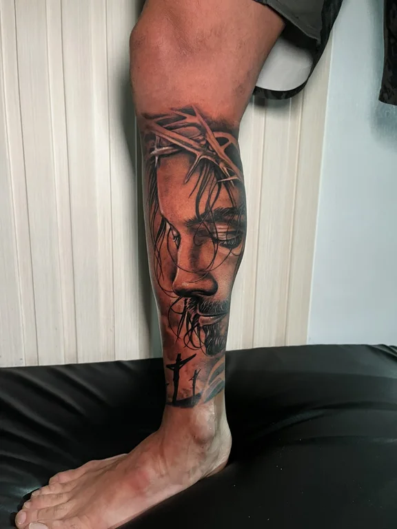 portrait realism man heavy shading horror black grey soft shading deity tattoo Canggu Bali