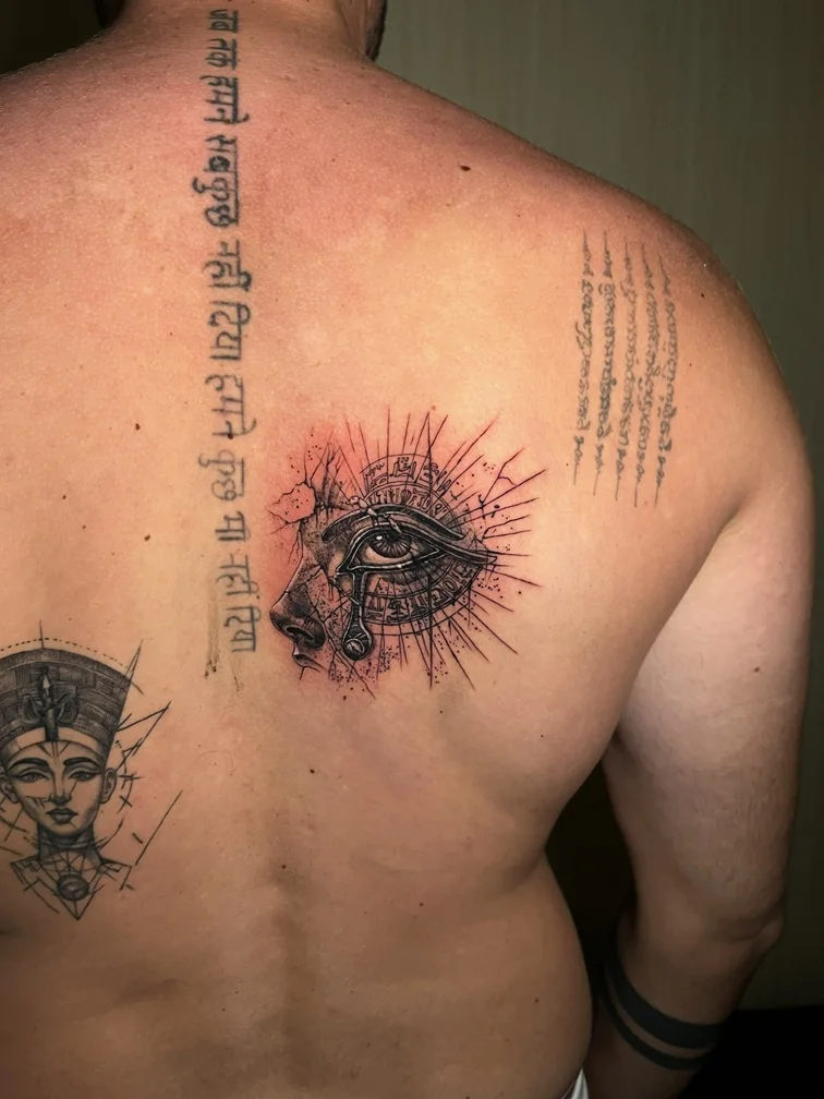 eye man back surrealism mythology black fineline fine line linework line shading tattoo canggu bali