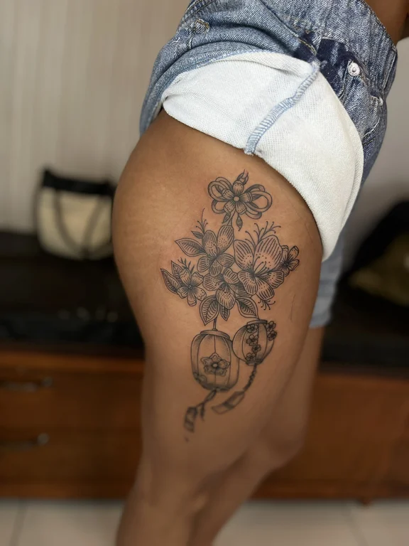 floral traditional peony black grey elegant soft shading linework fine line tattoo Canggu Bali