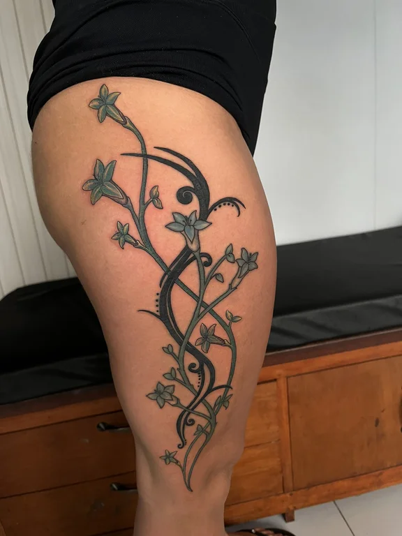 floral traditional woman linework flower elegant fine line black grey tattoo Canggu Bali