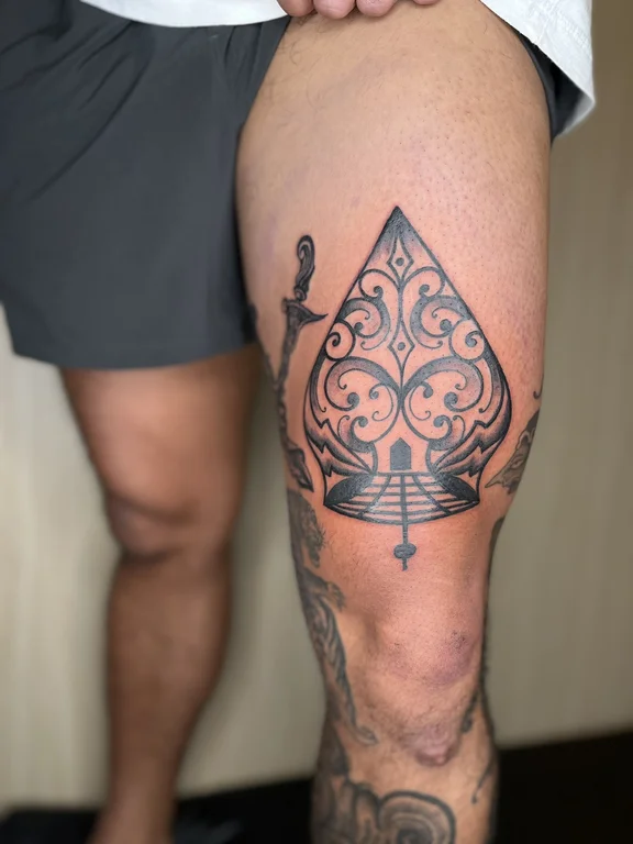 geometric traditional deity black grey spiritual maori dotwork heavy shading tattoo Canggu Bali