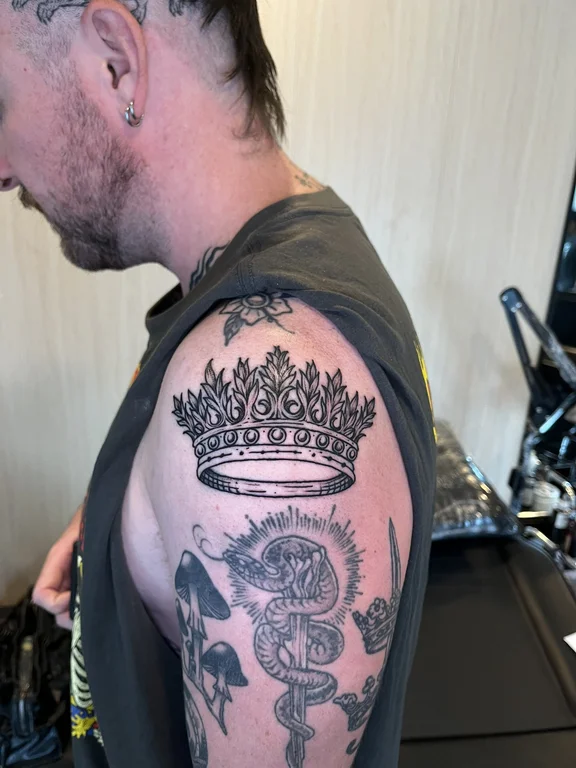mythology traditional man black grey cloud dotwork heavy shading linework tattoo Canggu Bali