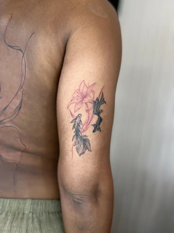 abstract watercolor koi linework flower wave cloud soft shading tattoo Canggu Bali