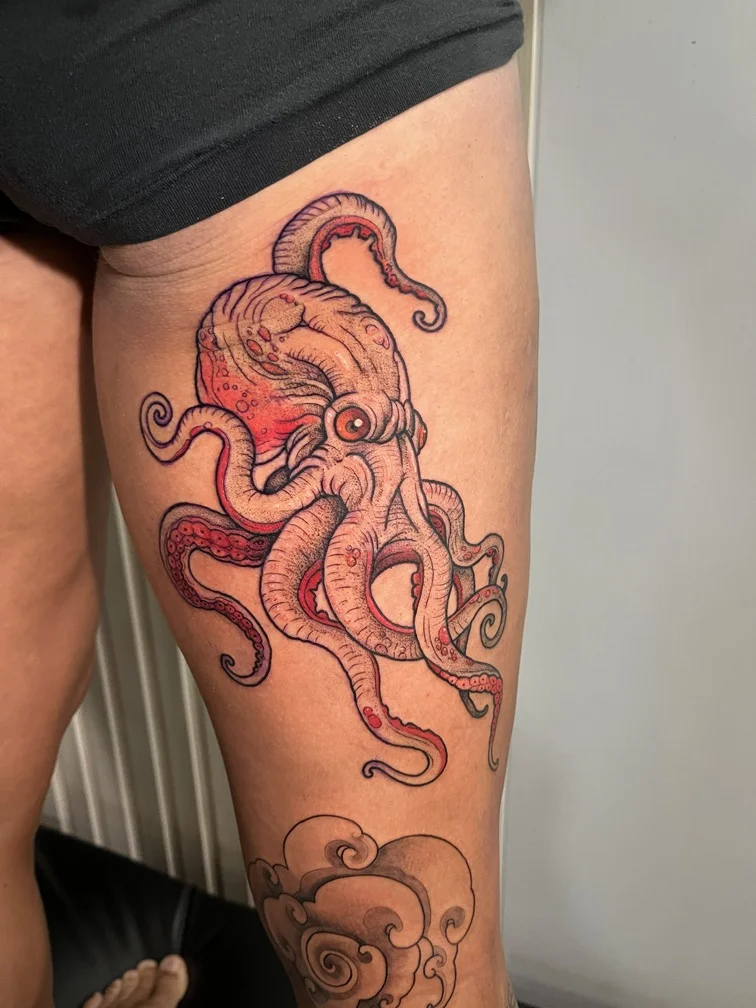 octopus sea woman foot colorful animal red shading tattoo canggu bali