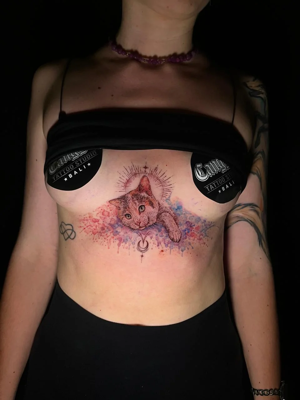 woman chest cat color watercolor animal fine line line work line pet tattoo canggu bali