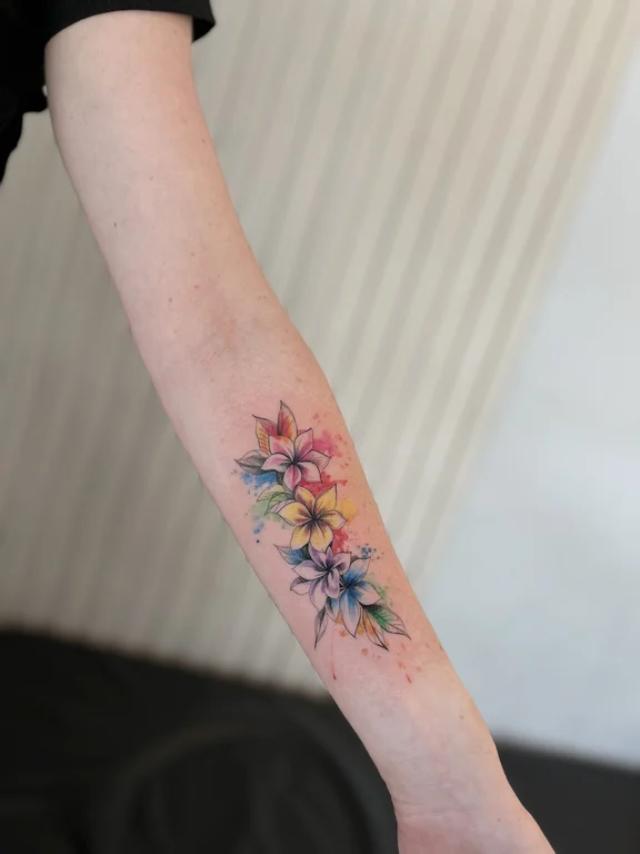 floral watercolor peony colorful elegant soft shading fine line leaf tattoo Canggu Bali