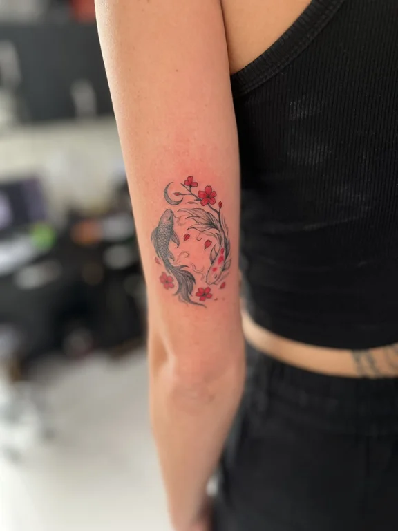 floral watercolor peony colorful moon koi woman elegant tattoo Canggu Bali