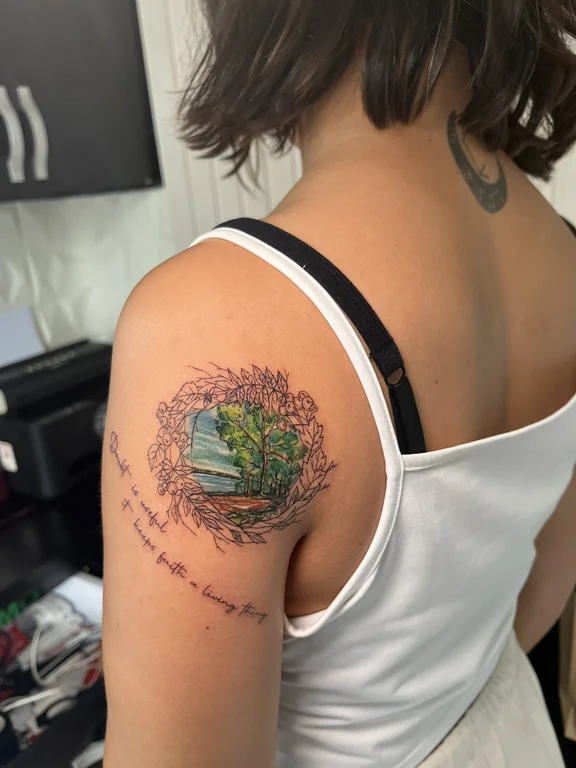 nature watercolor woman colorful wave sun leaf moon tattoo Canggu Bali